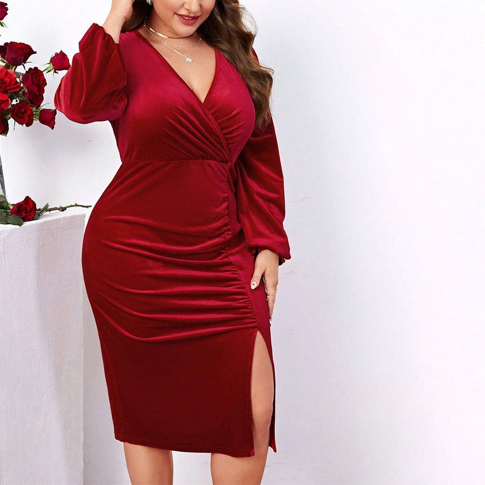 Plus Size Women Winter Sexy V Neck Bodycon Slit Long Sleeve Velvet Dress 7