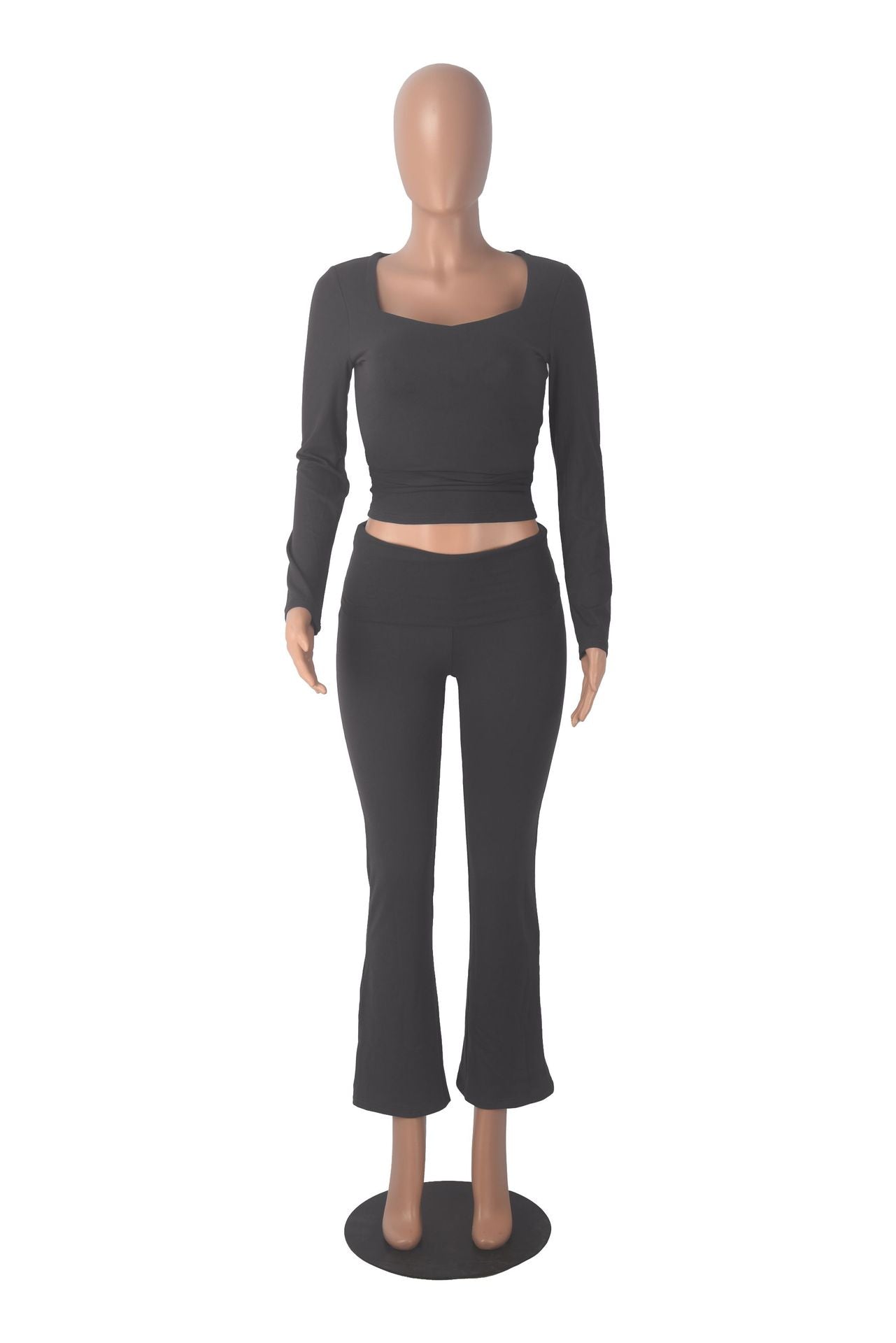 Women solid long sleeve top and bell bottom Pants two-piece suit 8