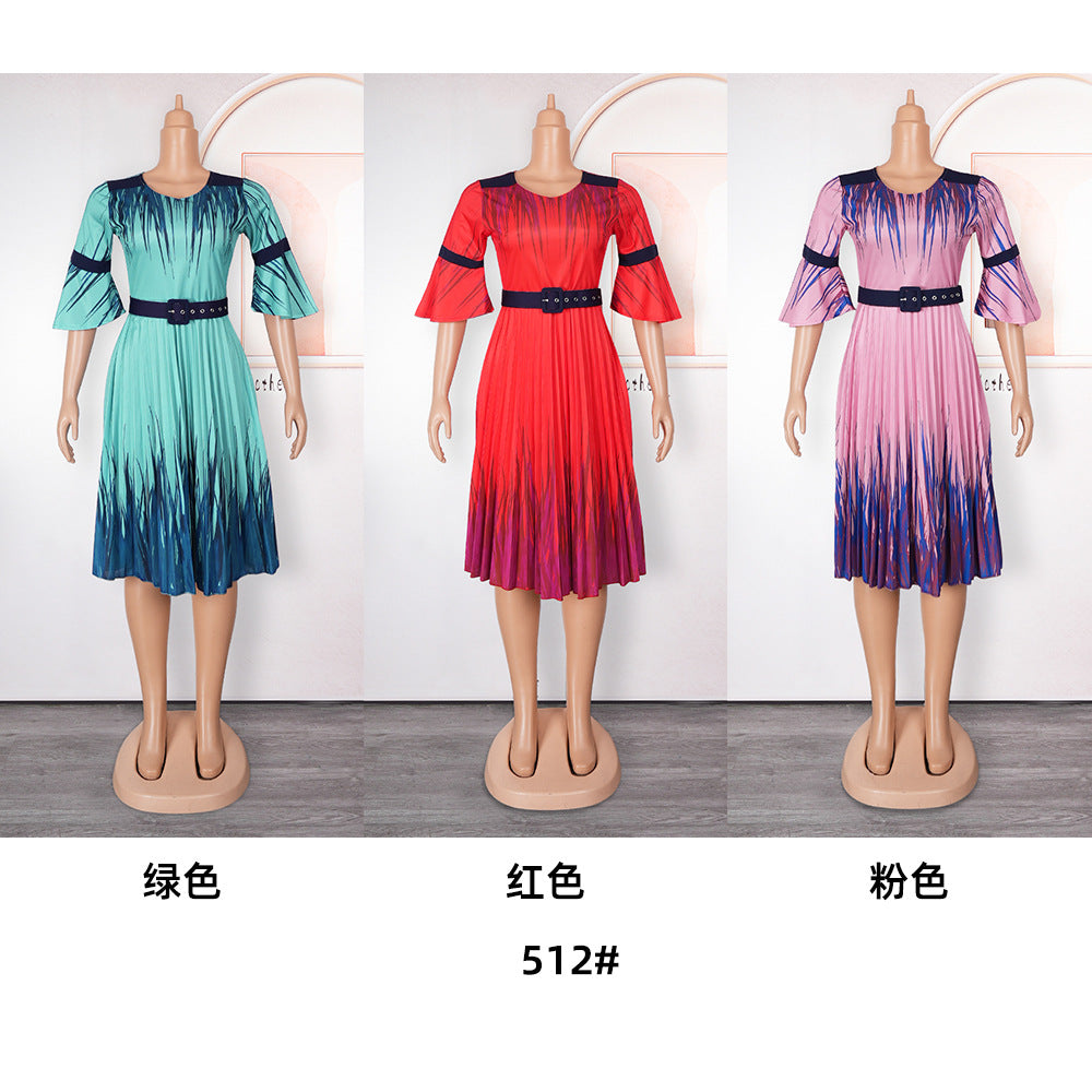 Plus Size African Dress Women High Waist Fashion Round Neck Printed Pleated Dress 13