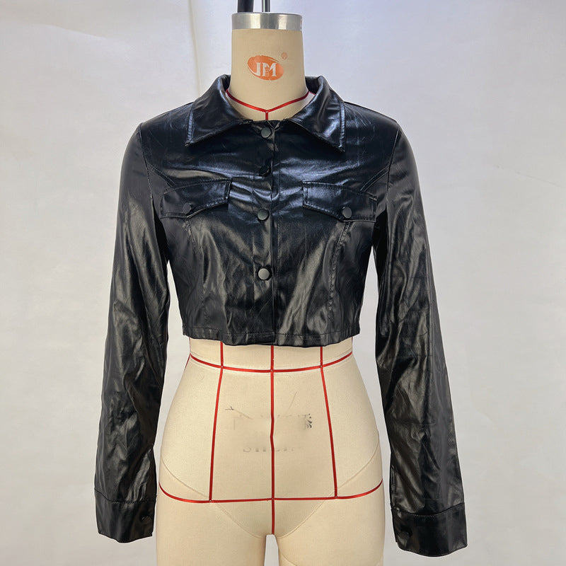 Women Sexy Crop PU-Leather Jacket 14