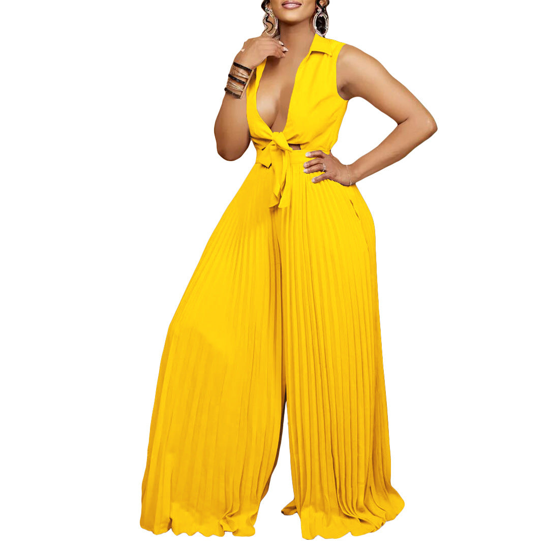 Women's Fashion V-neck Long Sleeve Turndown Collar Loose Pleated Wide Leg Jumpsuit 9