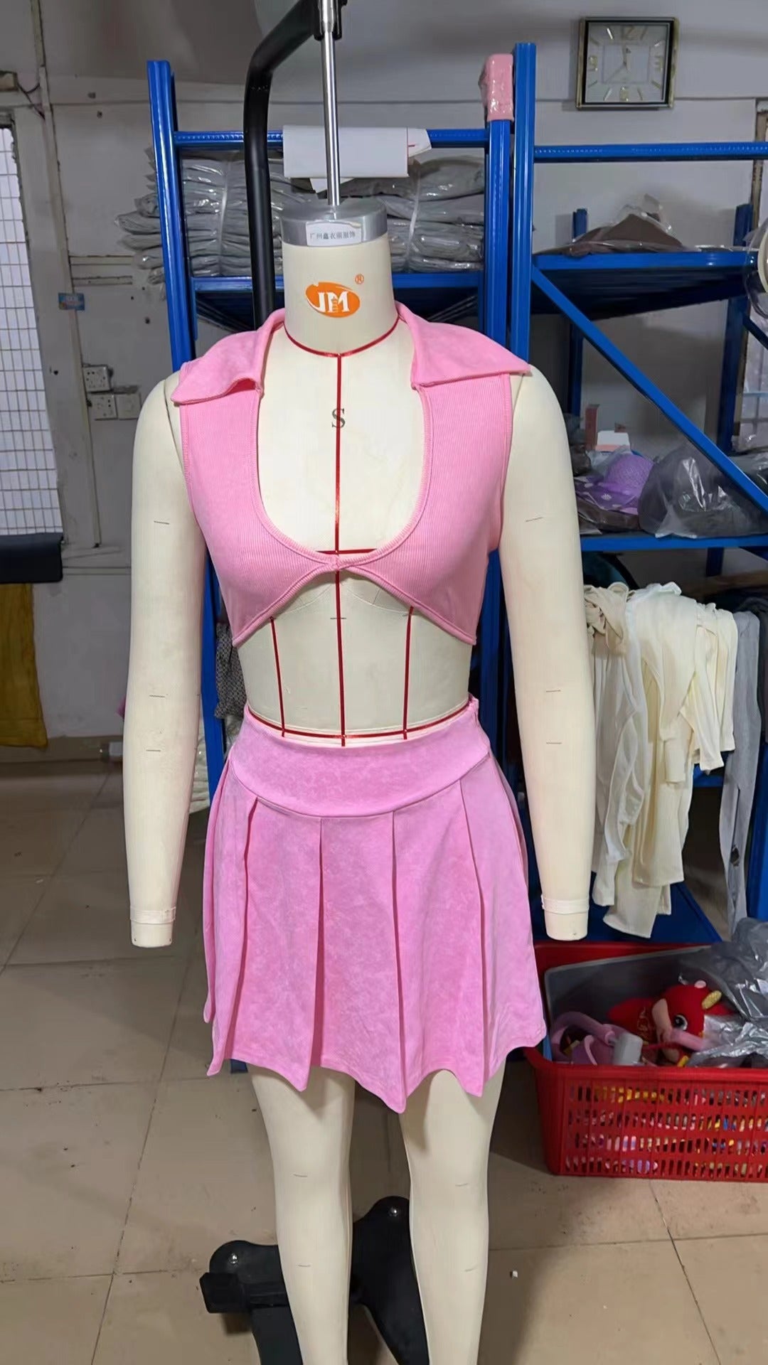 Women Sexy Summer Turndown Collar V-Neck Ribbed Short Top Mini Skirt Two-Piece Set 9