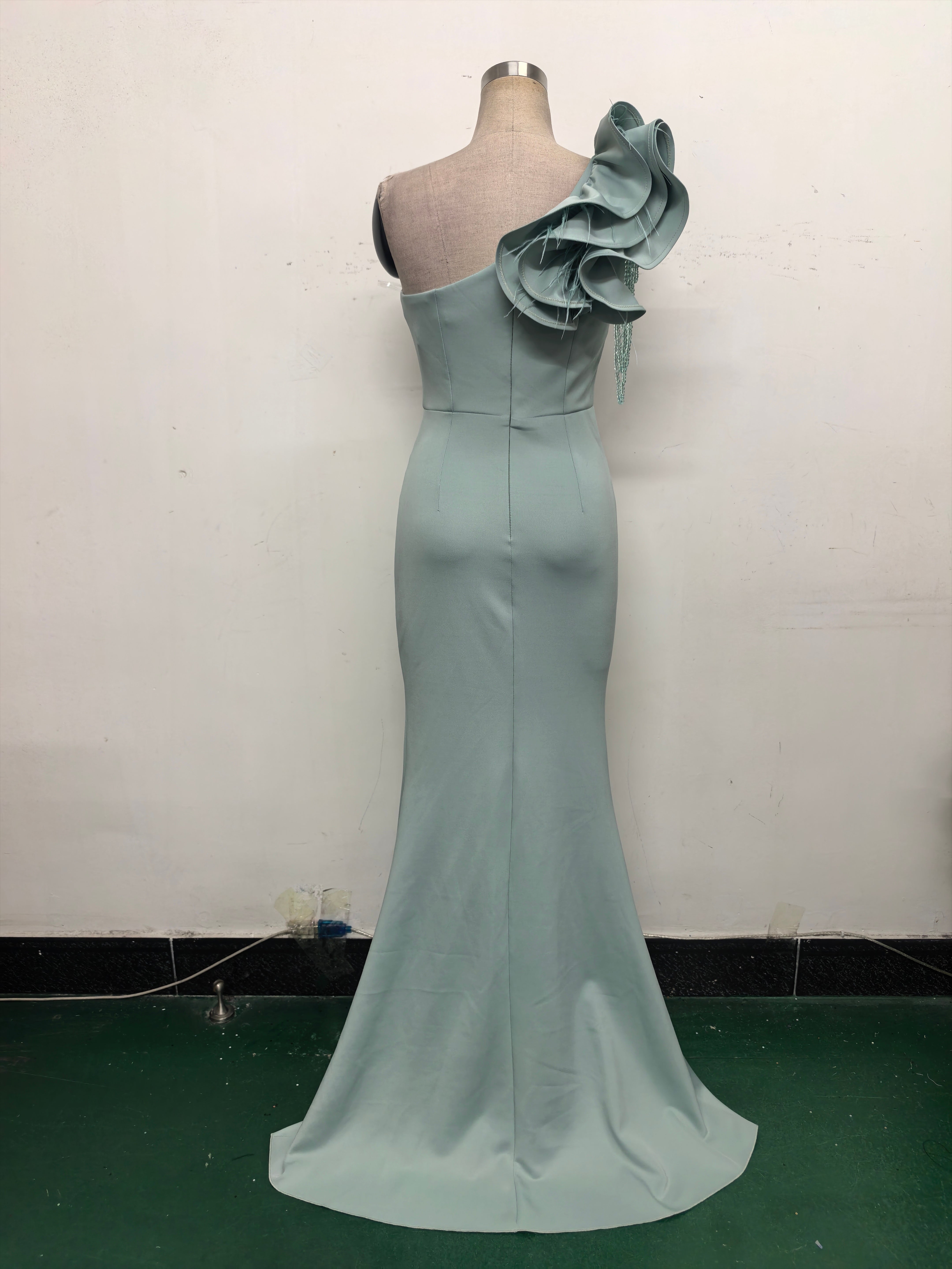 Women One-Shoulder Beaded Wool and Floral Satin Slit Sexy Evening Dress 47