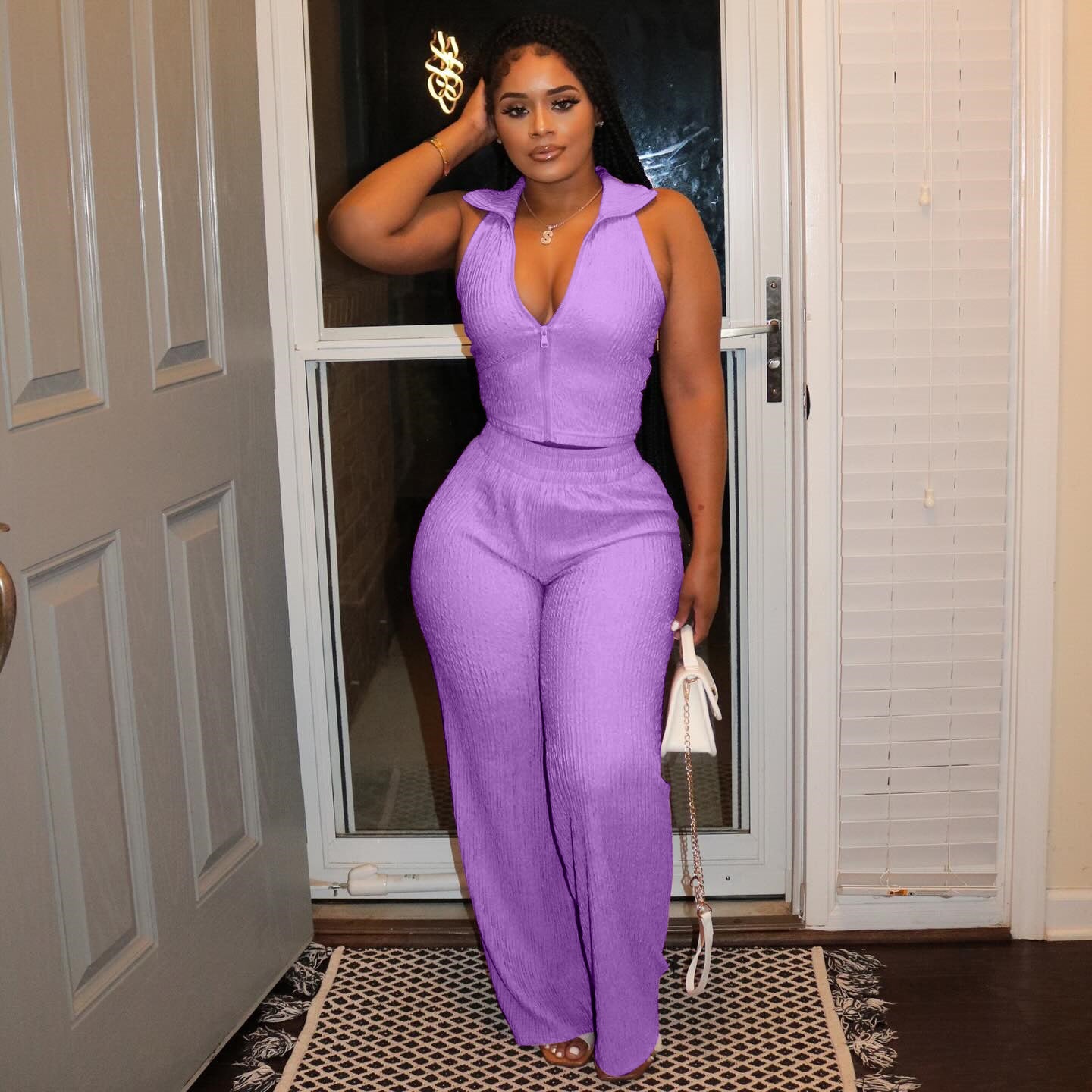 Sexy V-Neck Sleeveless Top Wide-Leg Pants Summer Two Piece Set 7