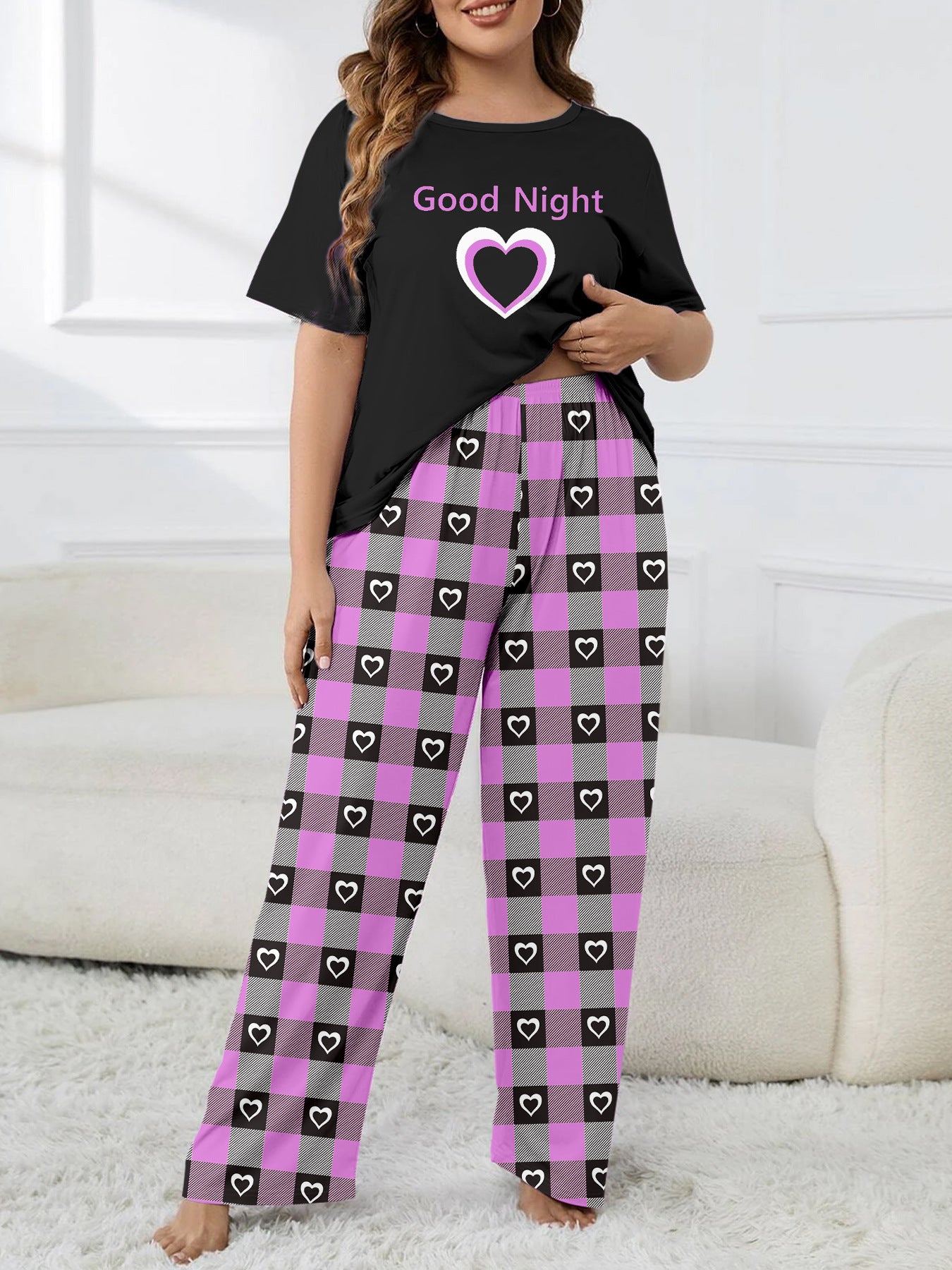 Heart Print Plaid Casual Loungewear Plus Size Pajama Set 4