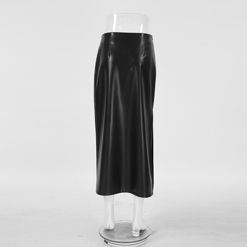 Black Sexy Autumn Winter Mid-Length PU Leather Skirt 6