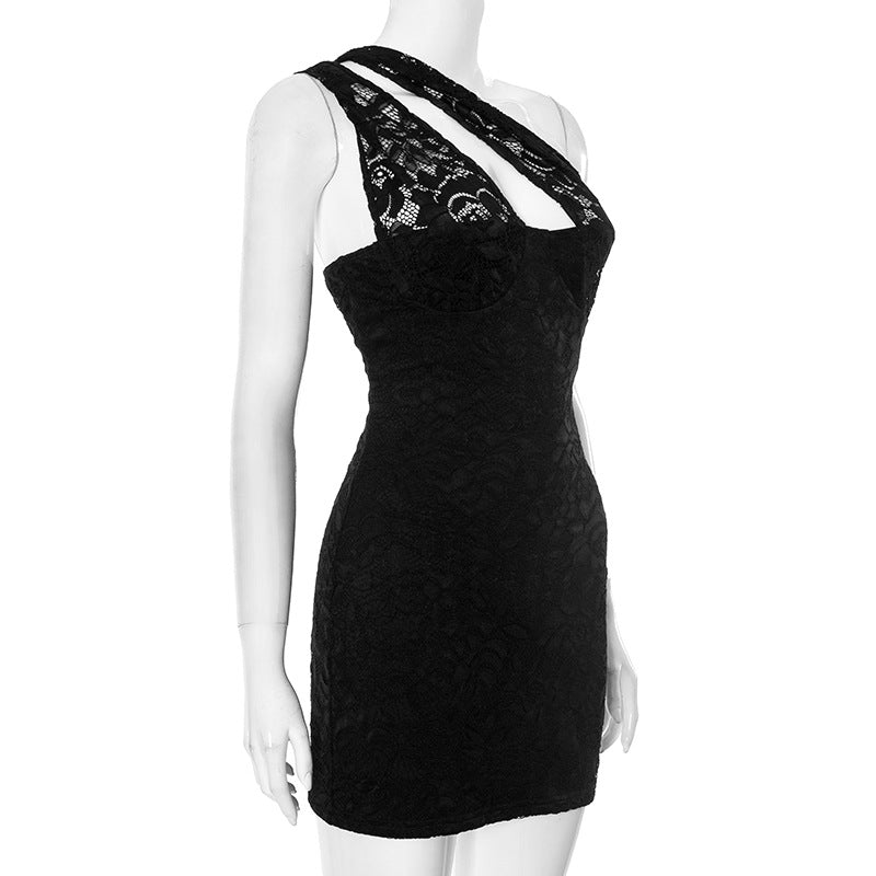 Summer irregular hollow Slash Shoulder Lace Tight Fitting Bodycon Dress 5