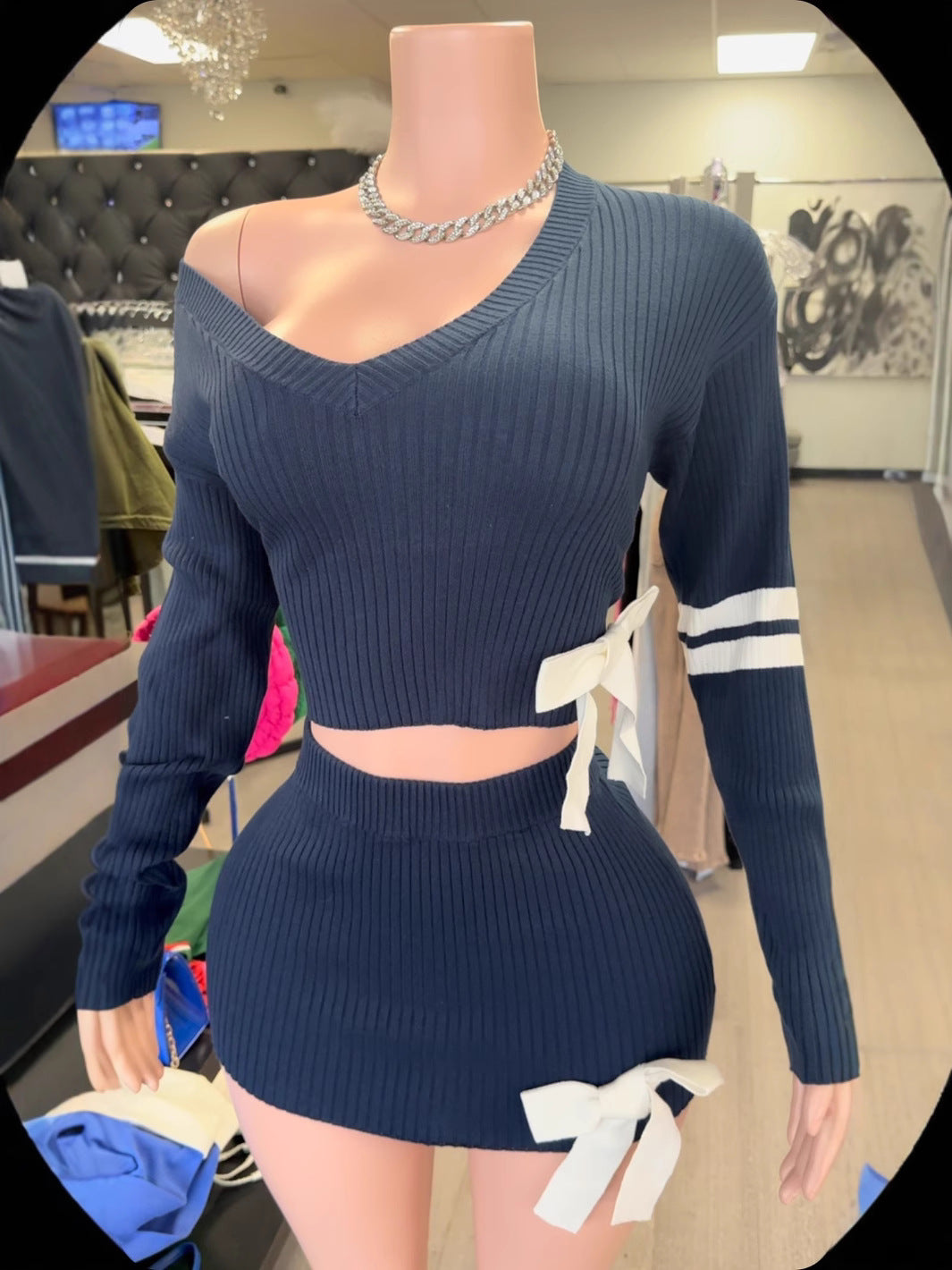 Women bow long sleeve Top and Mini Skirt Two Piece Set