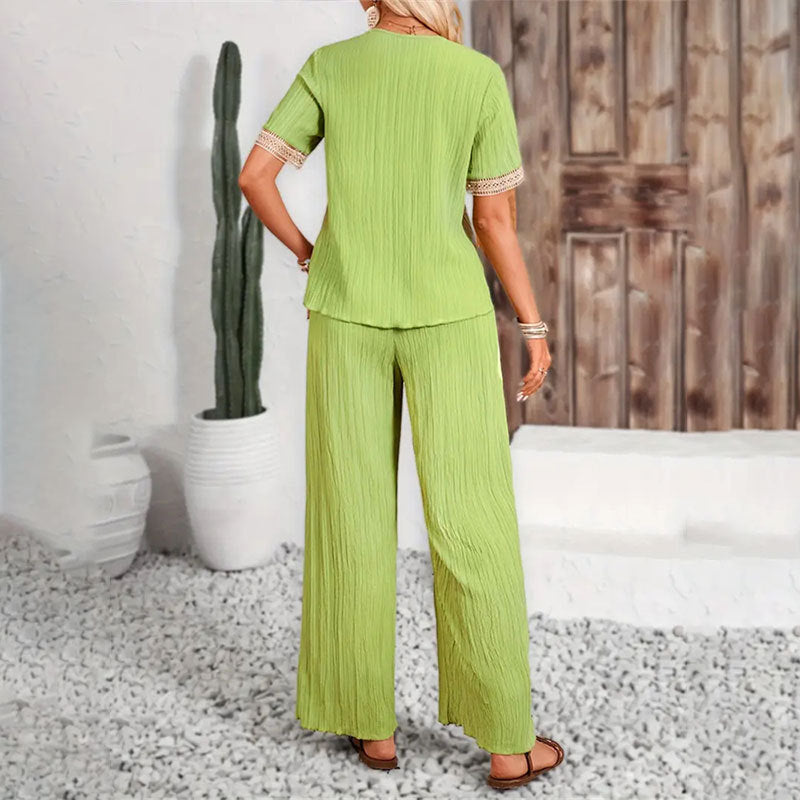 Two-Piece Lace Trim V-Neck Short-Sleeve Top & Wide-Leg Casual Pants Set 3