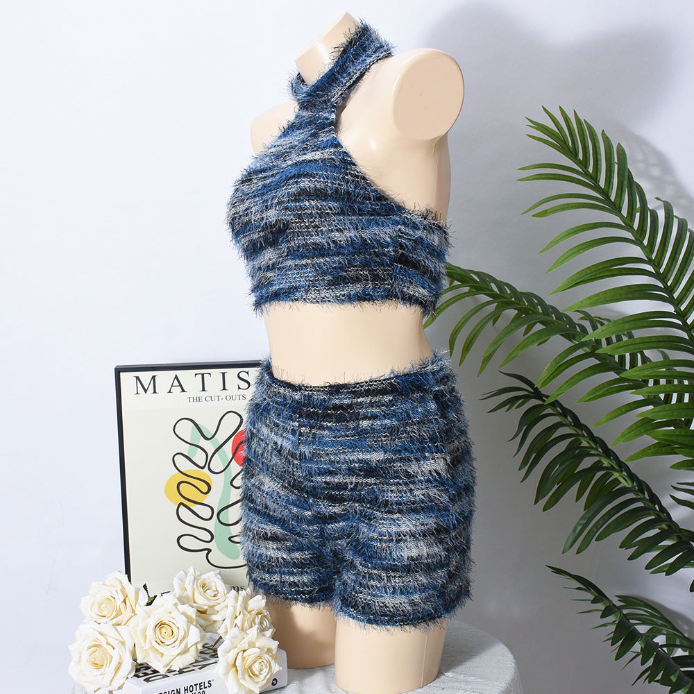 Summer Women's Slim Fit Low Back Crop Top Knitted Shorts Set 7