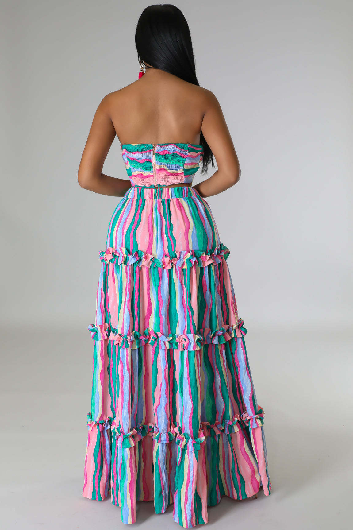 Women strapless striped print fashion Top and long skirt two-piece set 5