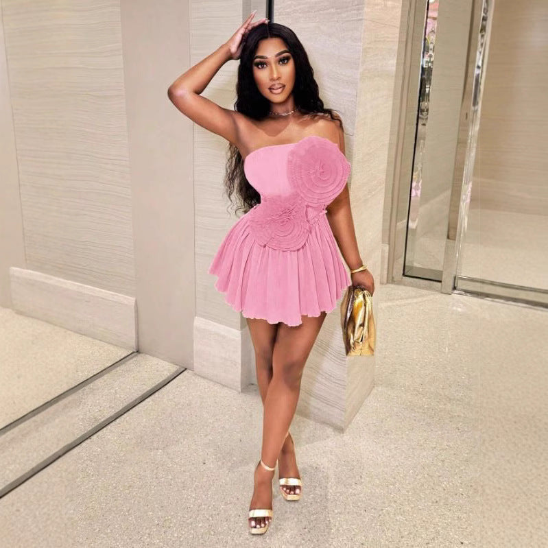 Summer Flower Embellished Strapless High-Waist A-Line Mini Dress 6