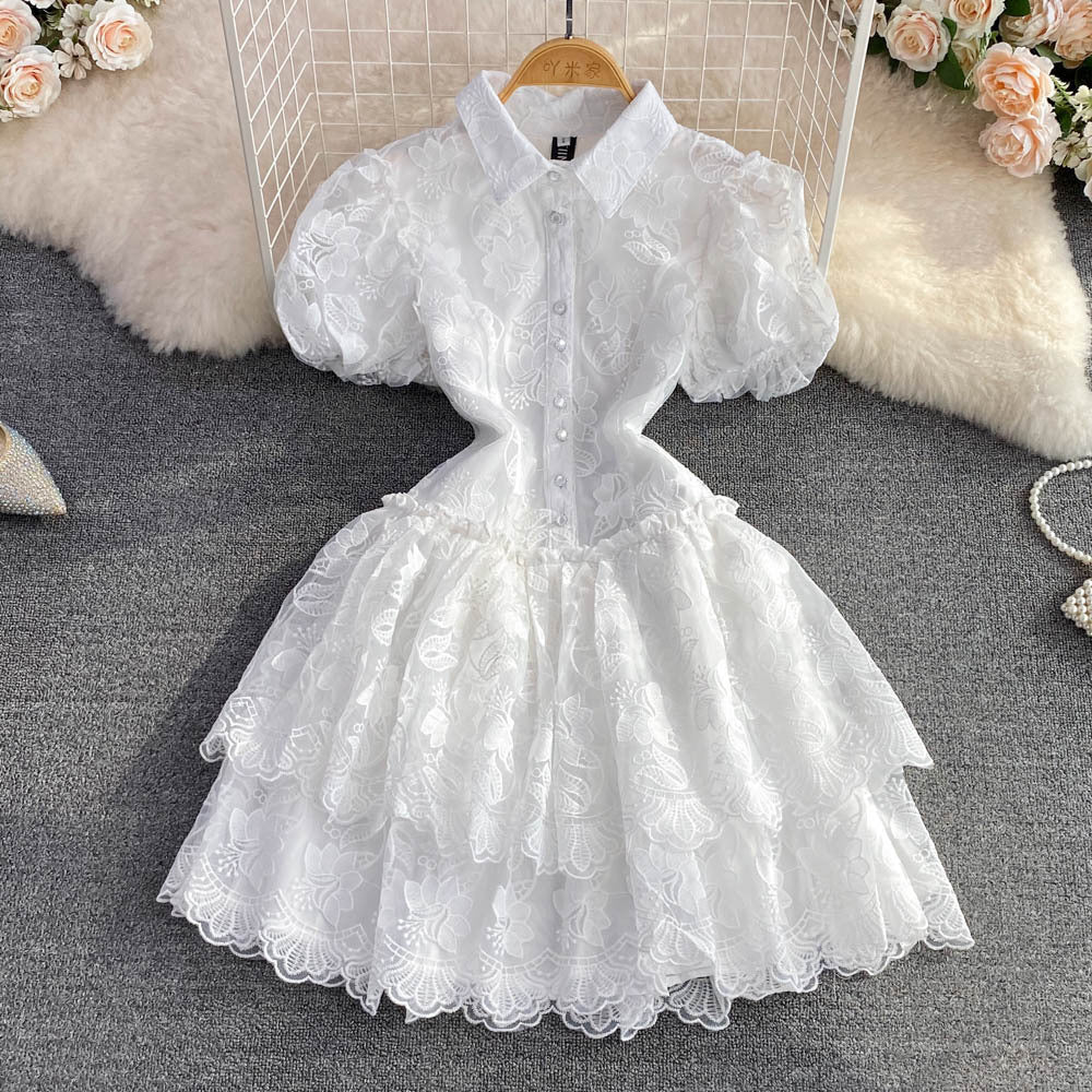 Summer Chic Turndown Collar Single-Breasted White Embroidered Puff Sleeve A-Line Layer Dress 6