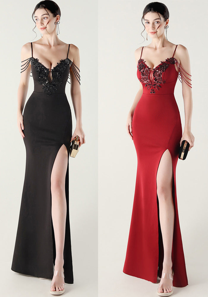 Women beaded tube applique beaded fishbone lace-up formal party evening dress