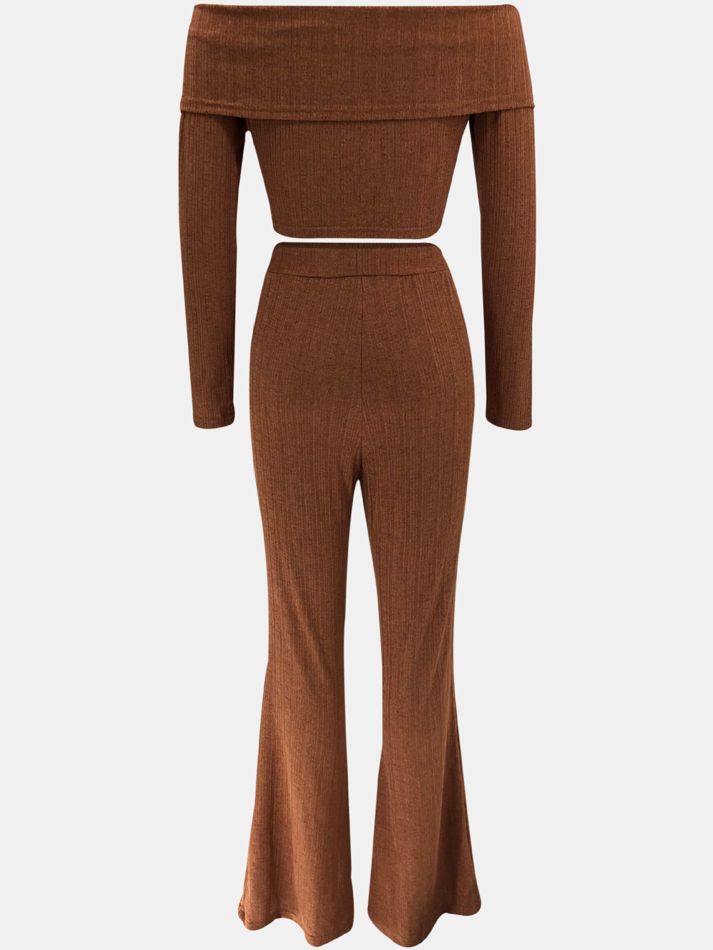 Summer Women's Clothing Solid Color Fashion Off Shoulder Long Sleeve Top Wide Leg Pants Two Piece Set 13