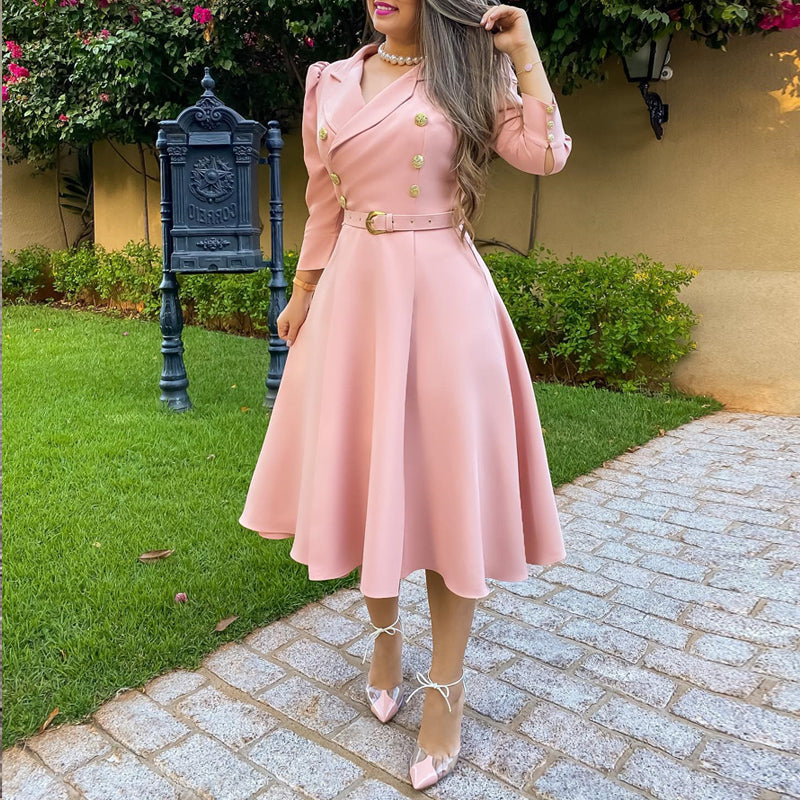 Elegant Women'S Turndown Collar Carrer A-Line Dress With Belt 4