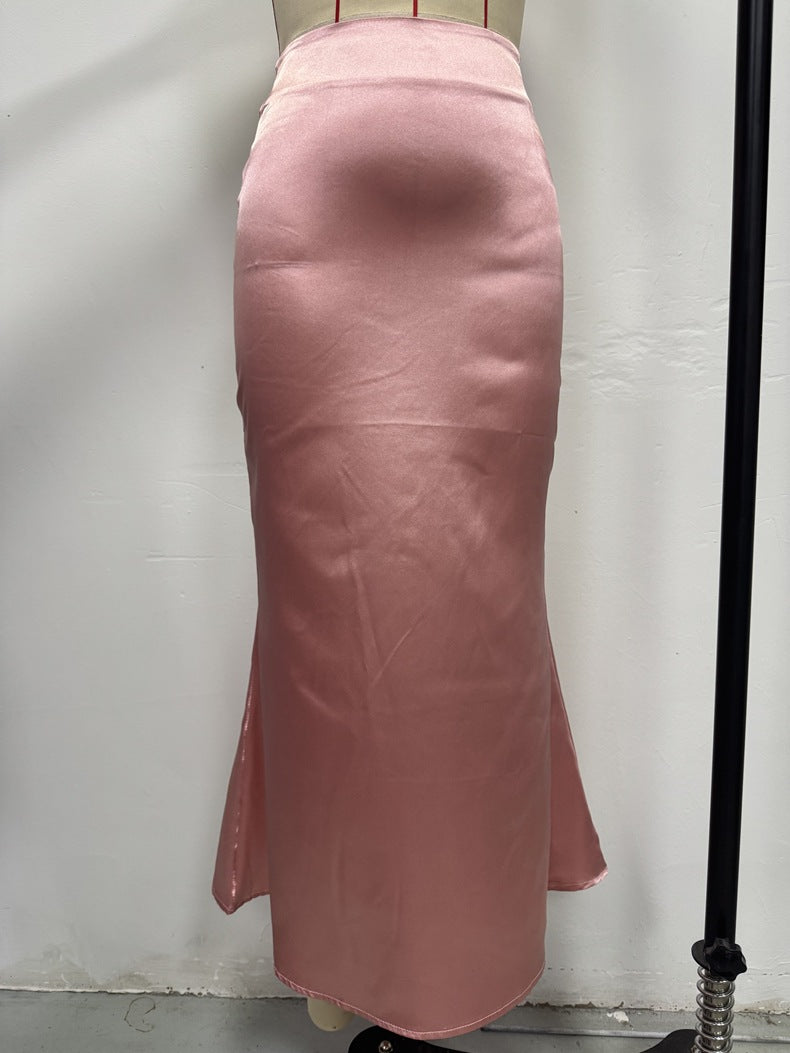 Women Satin Solid Bodycon Fishtail Skirt 9