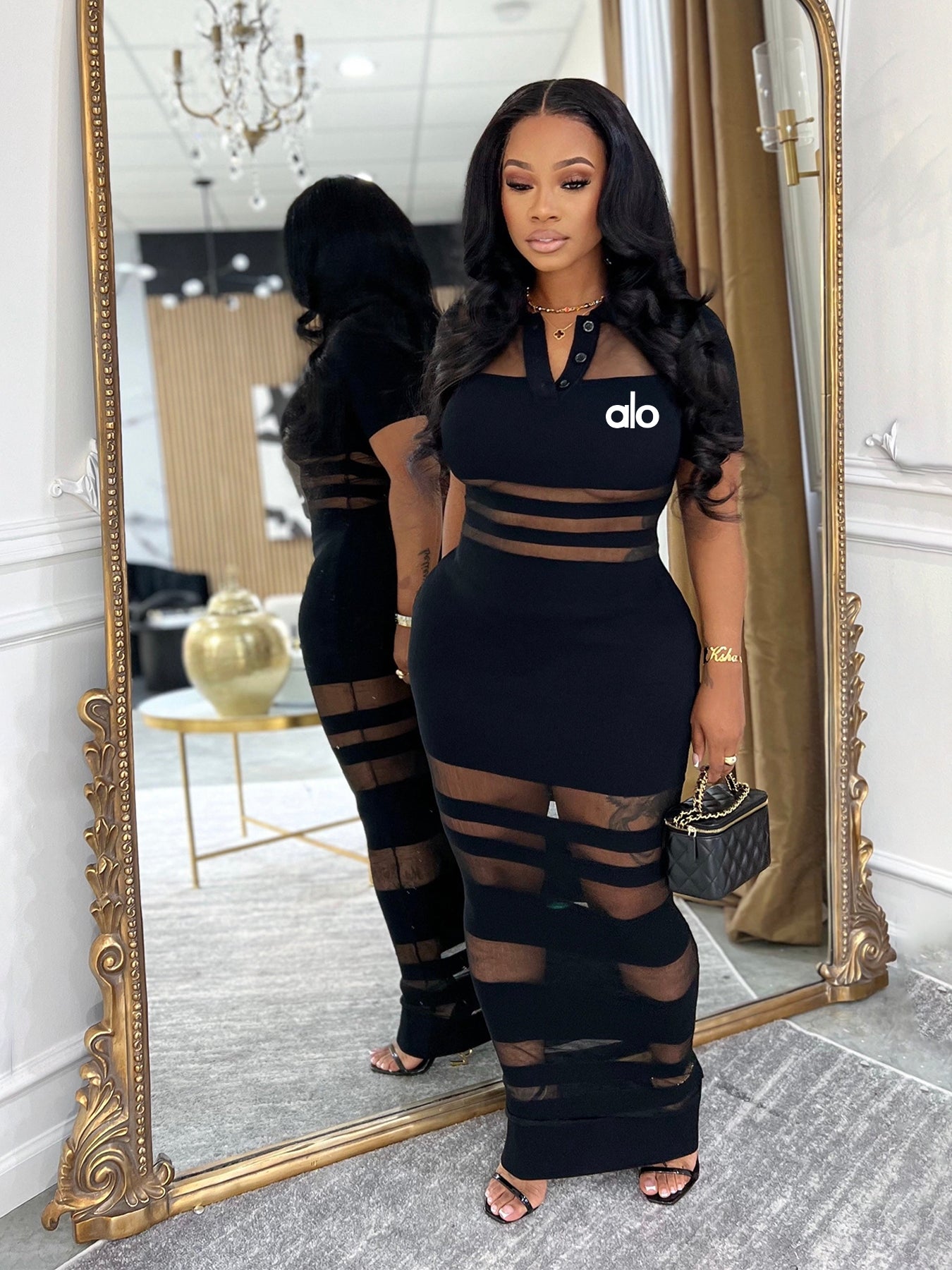 Women Sexy Mesh Patchwork Polo Neck Bodycon Dress 3