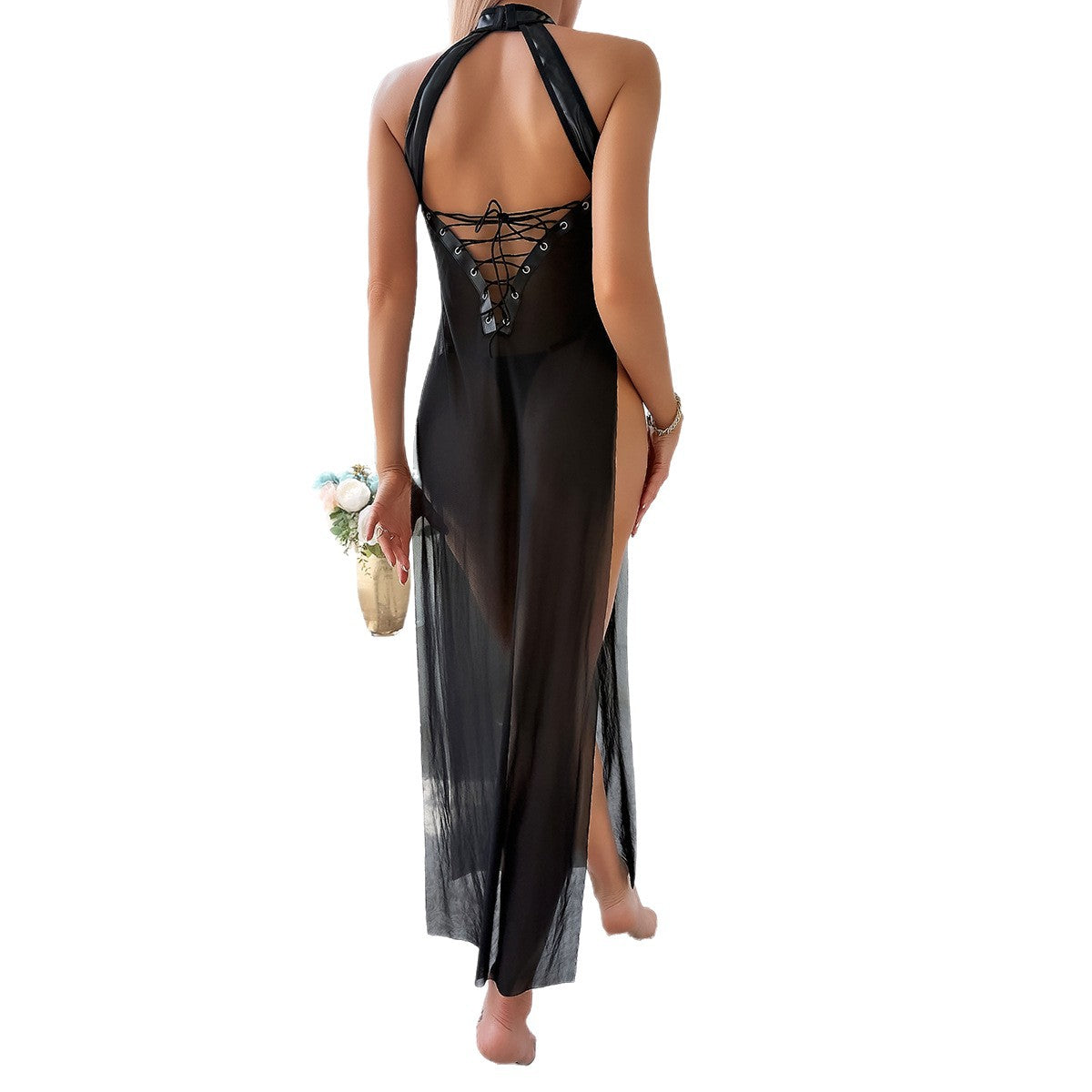 Women Lace-Up Cutout Patchwork See-Through Mesh Slit Dress 6