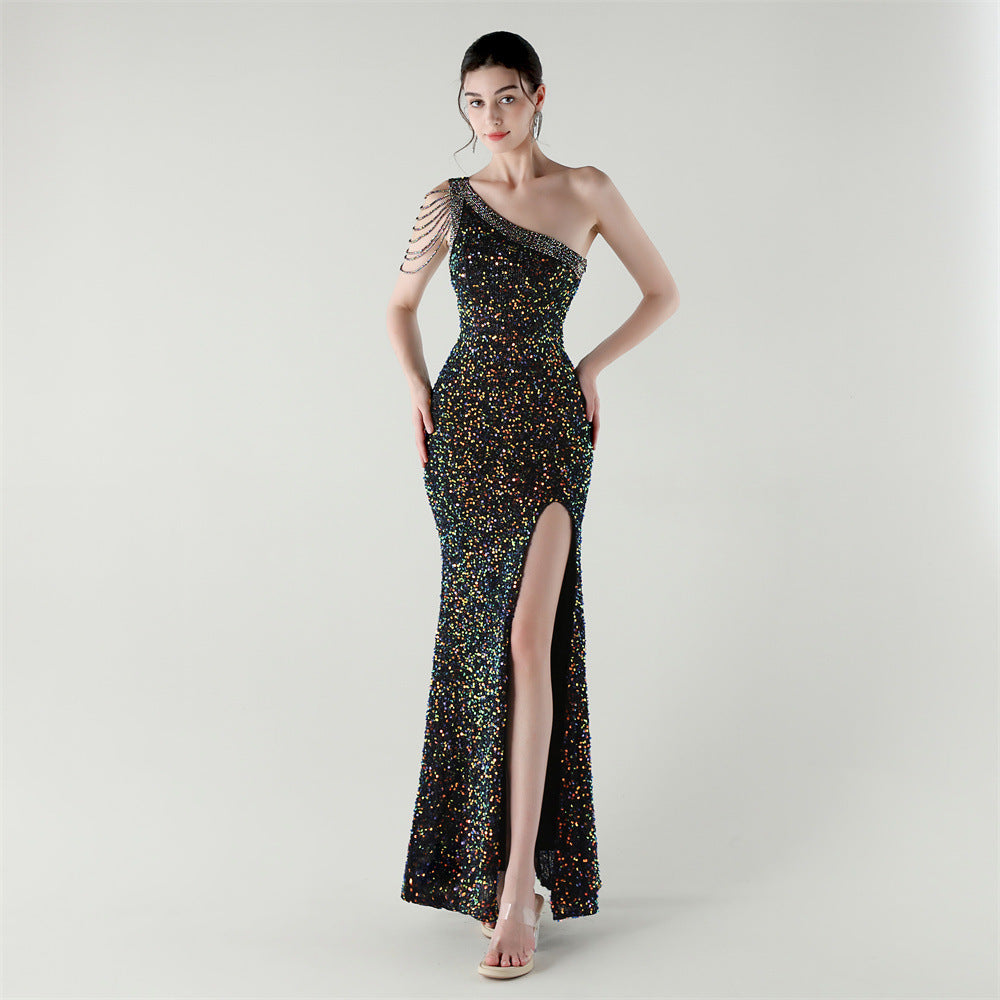 One Shoulder Rhinestone Chain Sequin Fishtail Evening Dress Formal Party Gown 4