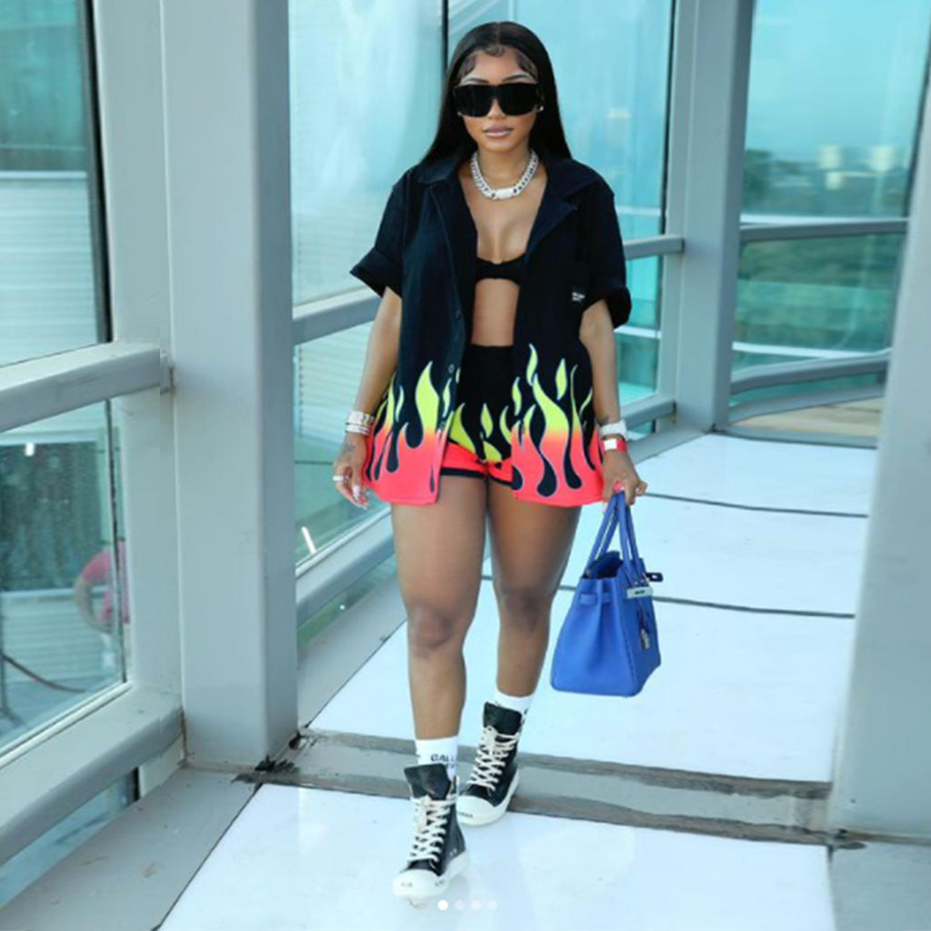 Flame Print Sexy Turndown Collar Women's Fashion Two-Piece Set 3