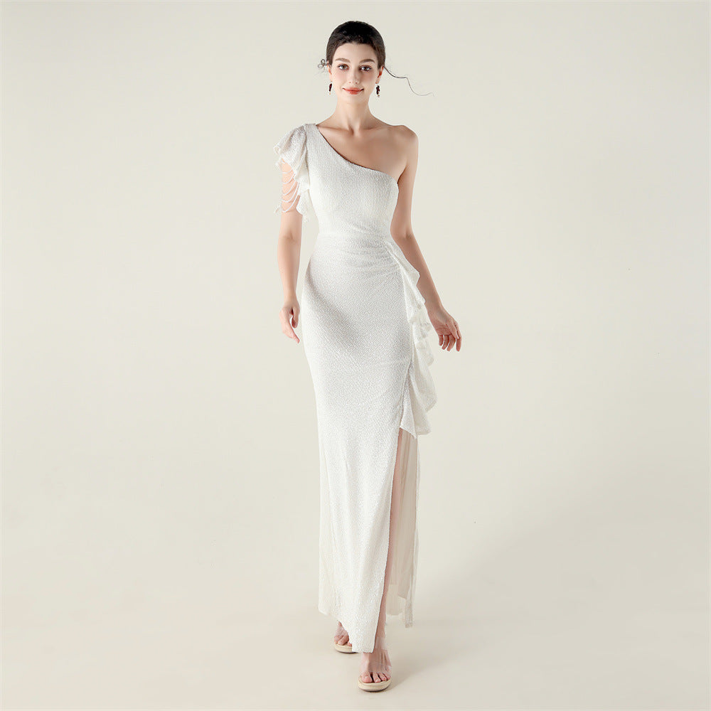 Women one-shoulder ruffled dangling beaded chain sequined Formal Party evening dress