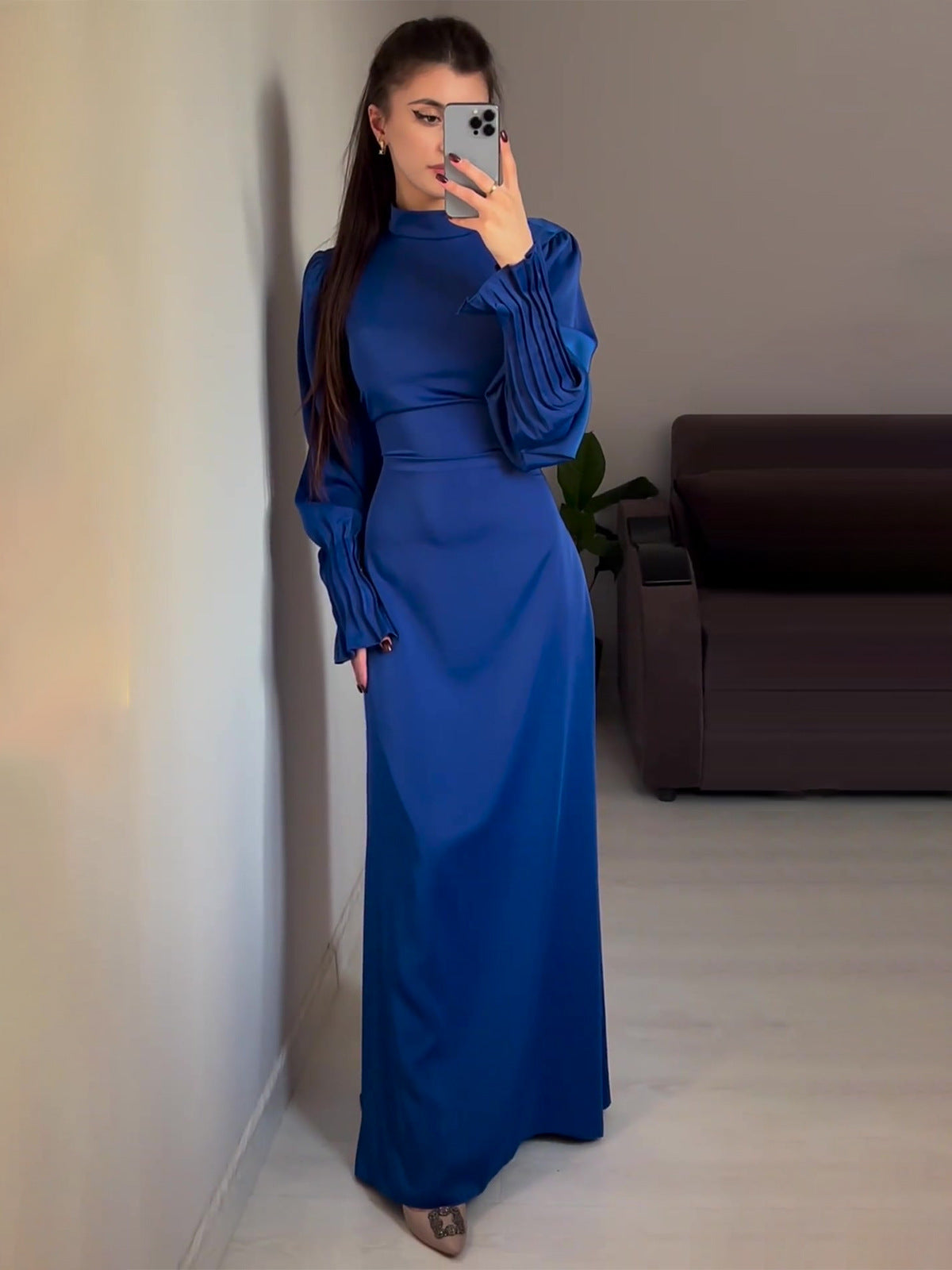 Autumn Pleated Slim Waist Lace-Up Long Dress 7