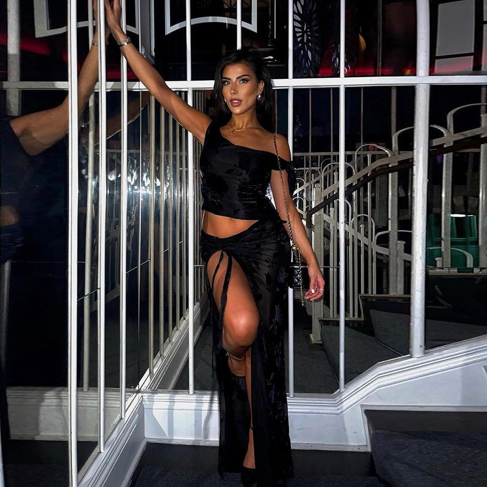 Women See-Through flocking Lace-Up sexy Crop one-shoulder Top and Skirt two-piece set 7