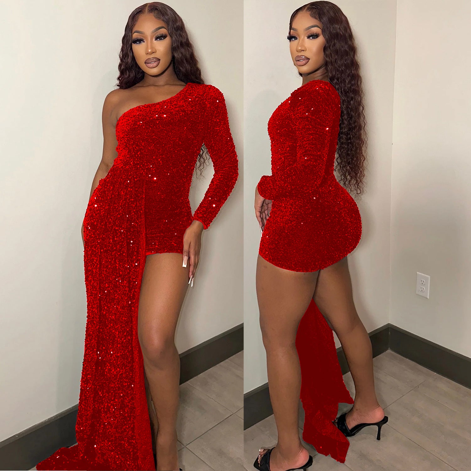 Women Sexy One Shoulder Long Sleeve Sequin Dress 7