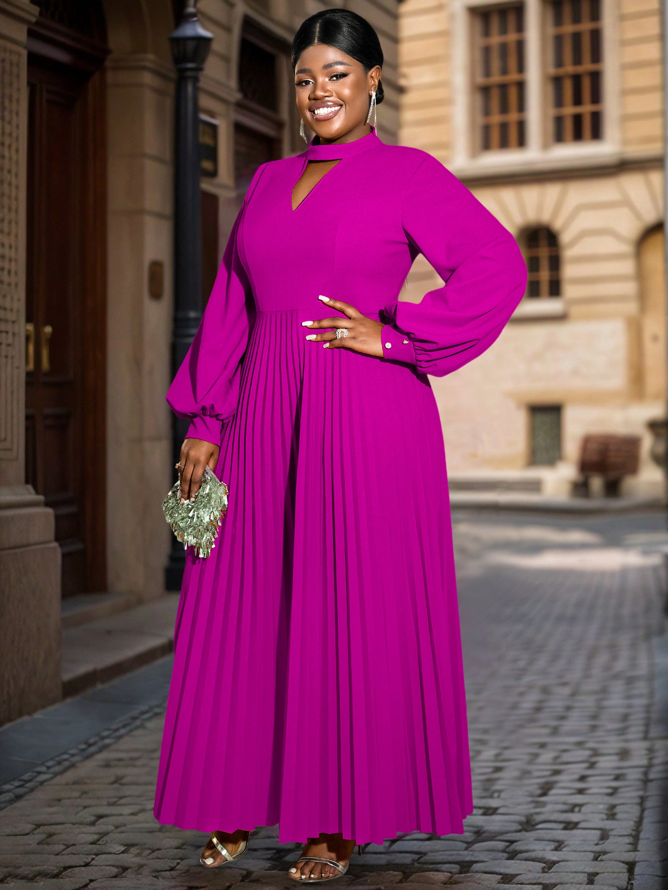 Women hollow Stand Collar lantern sleeve pleated Dress 5