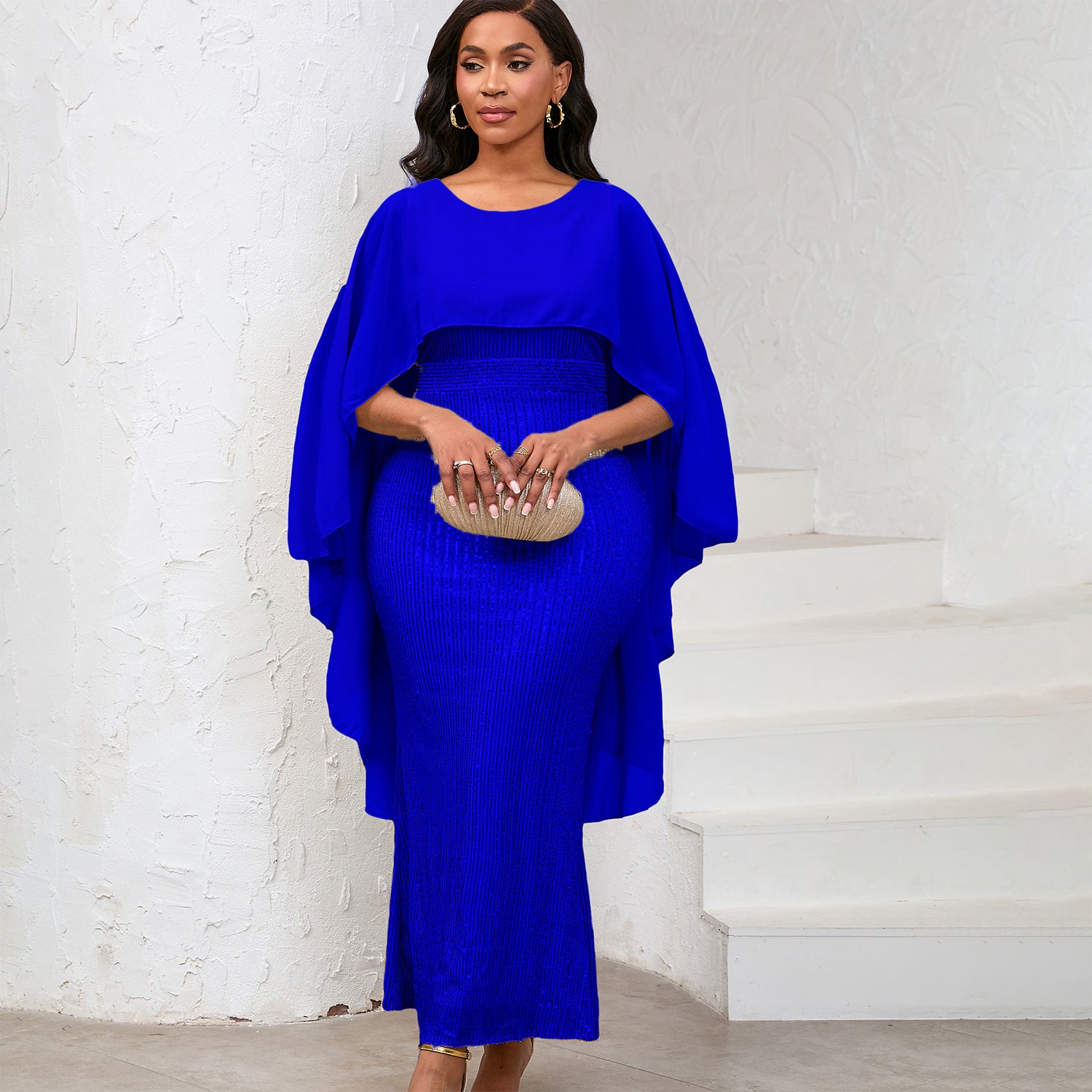 Women's Spring Fashion Chiffon Cape Sequin Bodycon Long Formal Party Dress 3