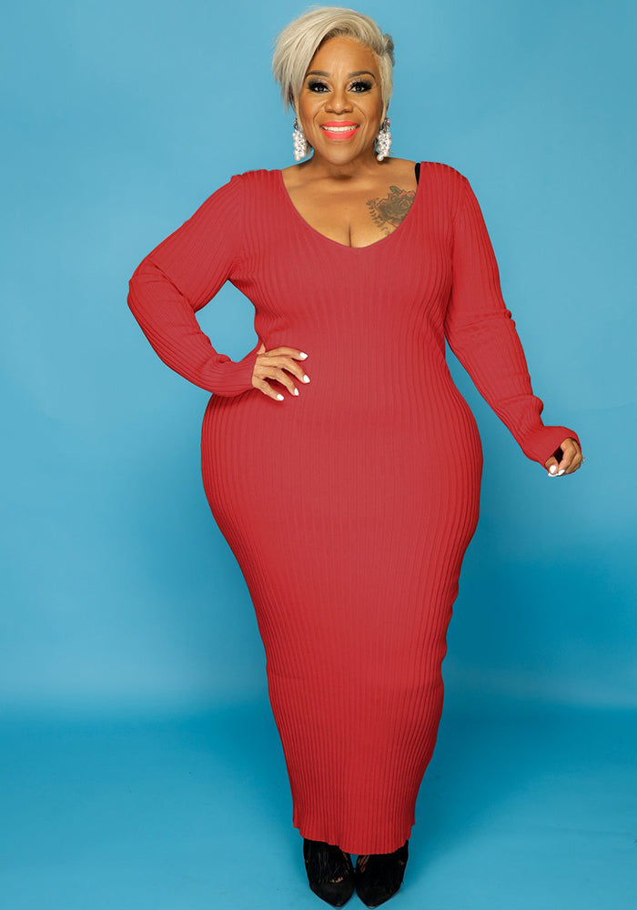 Plus Size Women Sexy Solid V-Neck Dress