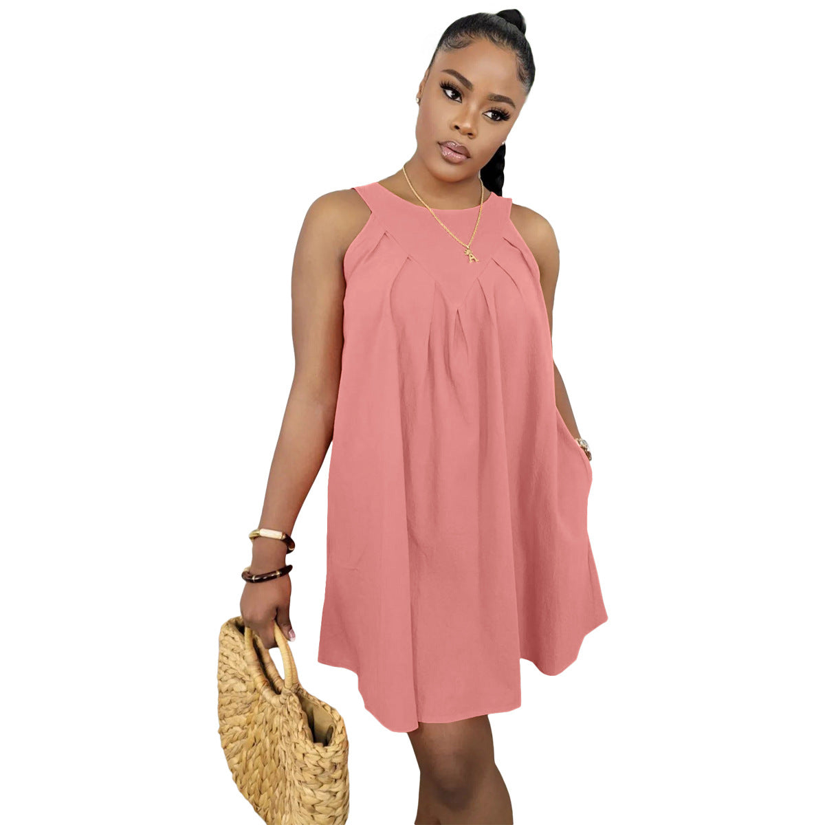 Women Summer Solid Color Sleeveless Loose Dress with Pockets 14