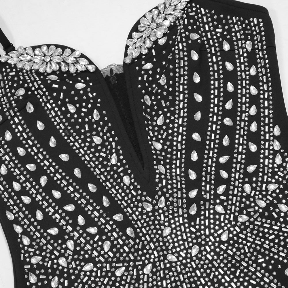 Women Strapless Beaded Chain Sexy Irregular Dress 8