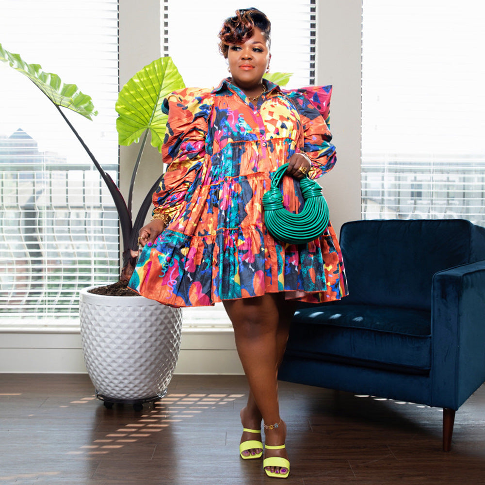 Plus Size Women's Fashion Print Ruffle Button Shirt Dress 6