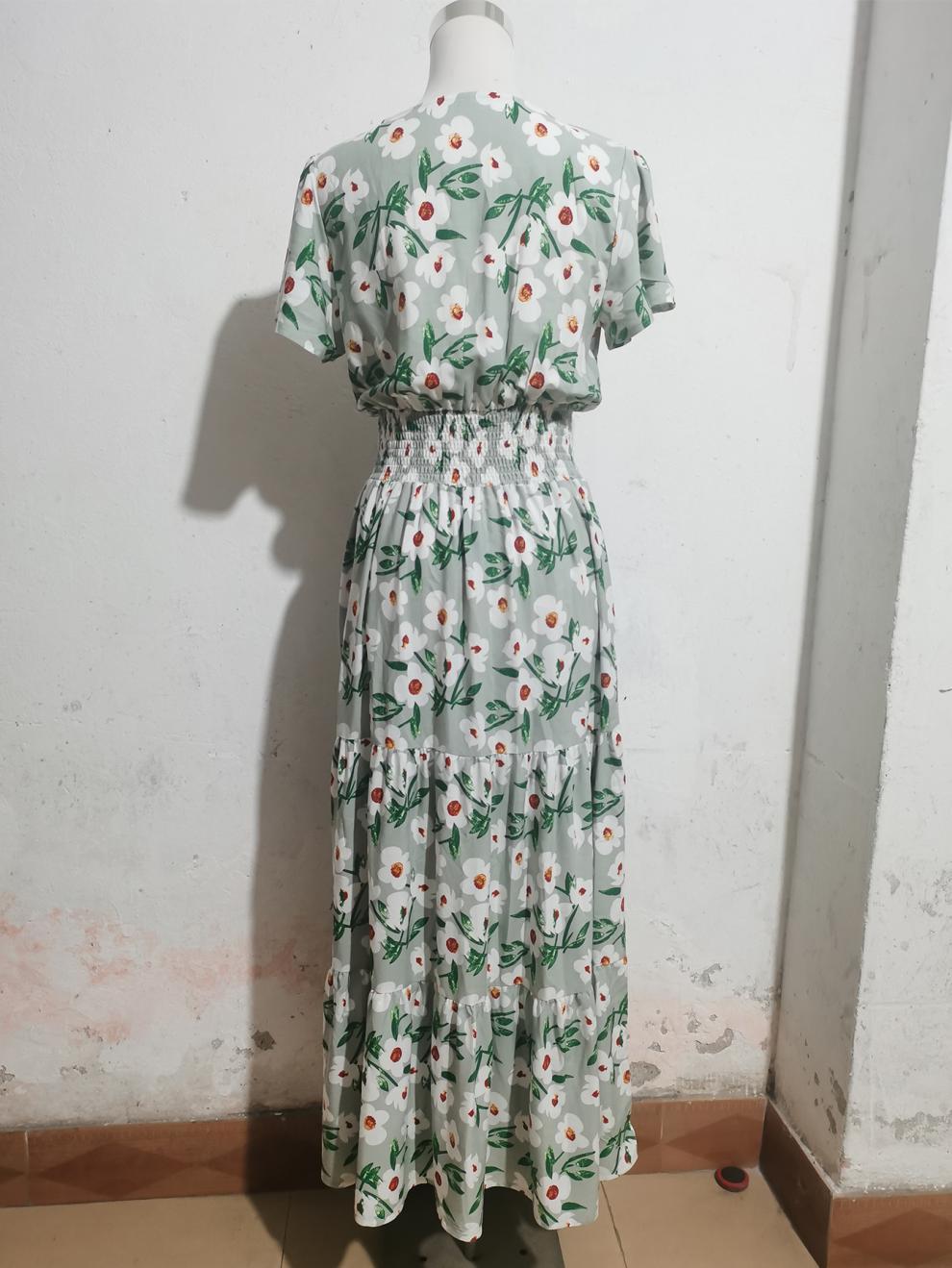 Summer V-Neck Short-Sleeved Print Cotton Dress Women's Fashion Chic Slim Waist Slim Fit Long Dress 10