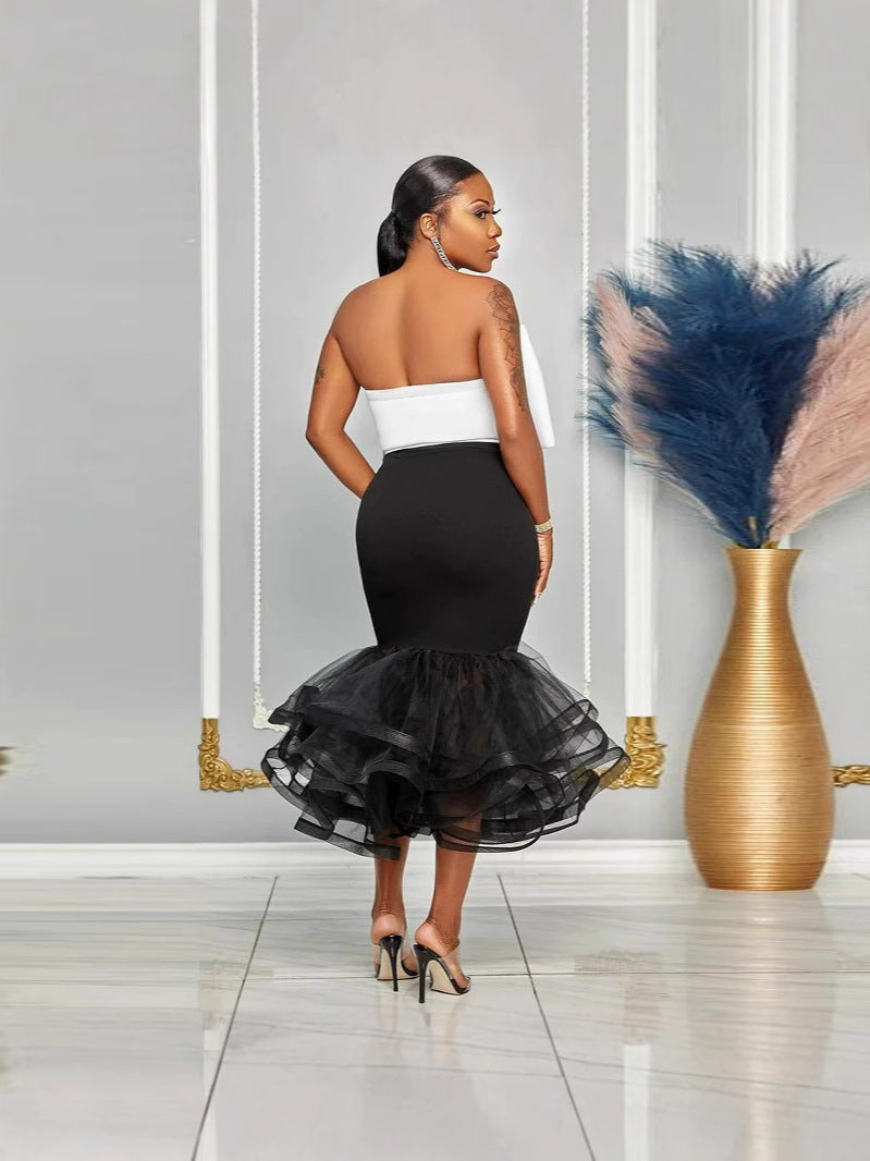 Women Sexy Contrast Strapless Off-Shoulder Bowknot Mesh Bodycon Skirt Two-Piece Set 7