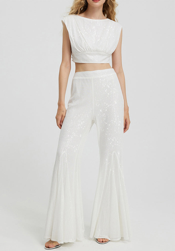 Women's Sequin Sleeveless Crop Top and High-Waist Bell Bottom Pants Set