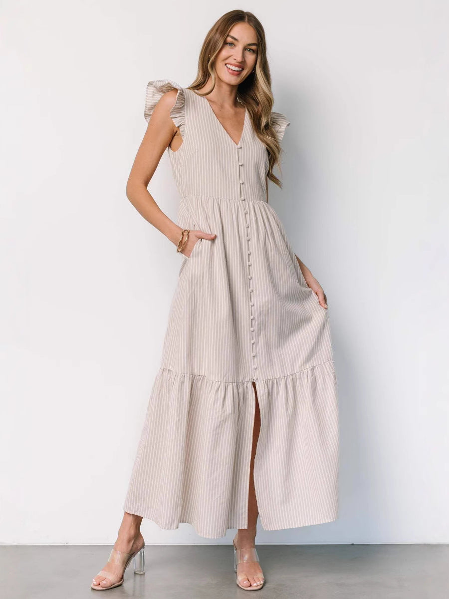 Women's Striped Print Holiday Long Dress Bohemian V-Neck Shirt Dress 6