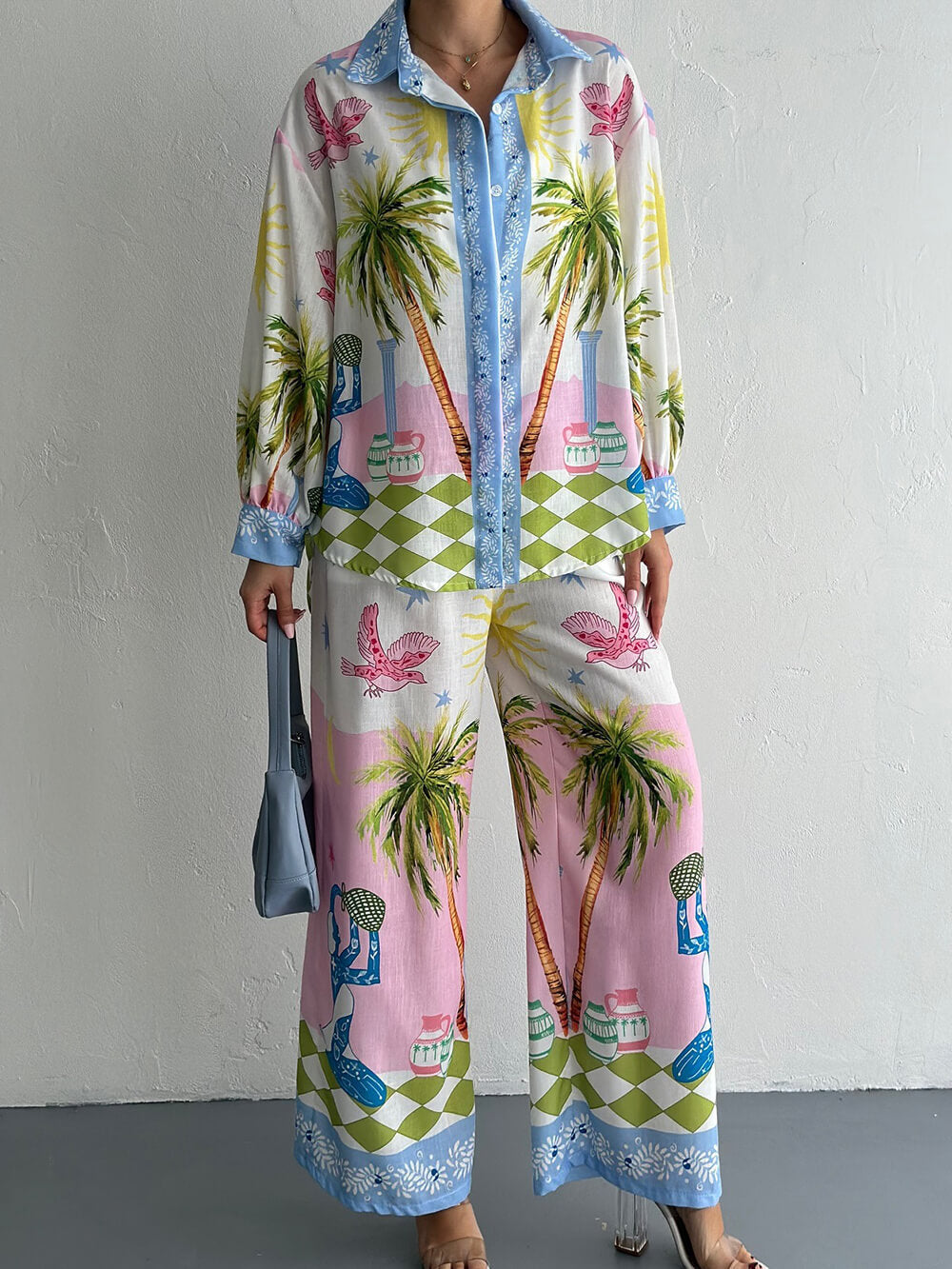 Women Style Printed Linen Long Sleeve Shirt and Pants Two-Piece Set 6