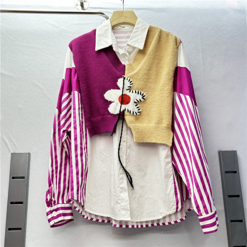 Women striped knitting Patchwork contrast color long-sleeved shirt