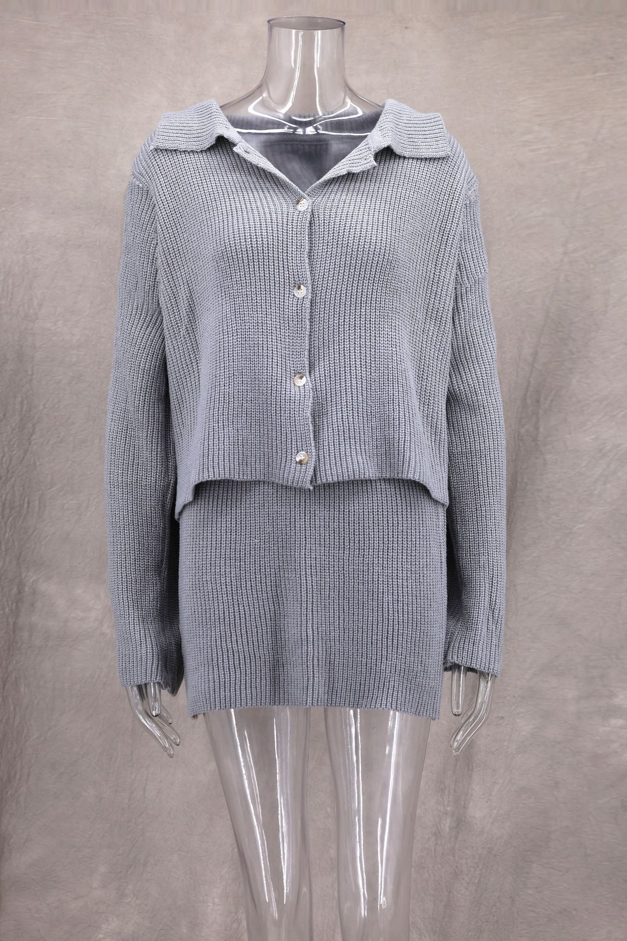 Autumn And Winter Fashionable Turndown Collar Bell Bottom Sleeve Cardigan Short Skirt Woolen Two Piece Set 14