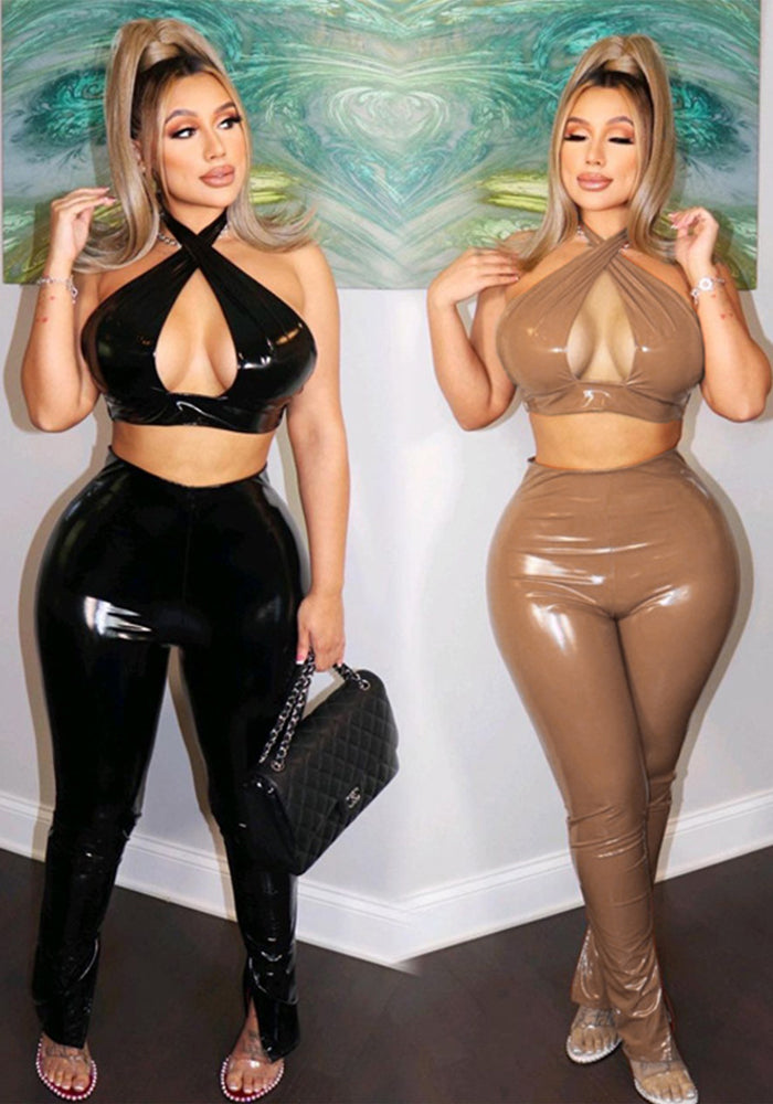 Women sexy hollow backless Pu Leather Top and Pant two-piece set