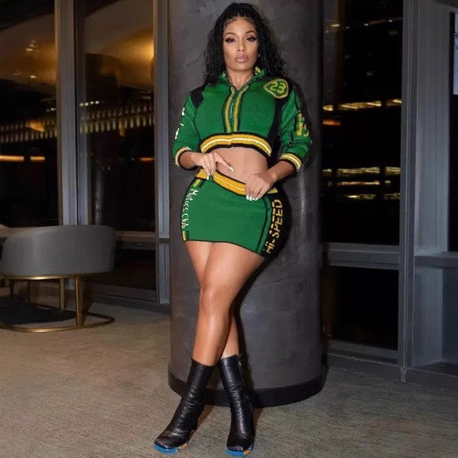 Autumn Letter Knit Zipper Ribbed Long Sleeve High Waist Two Piece Short Skirt Set