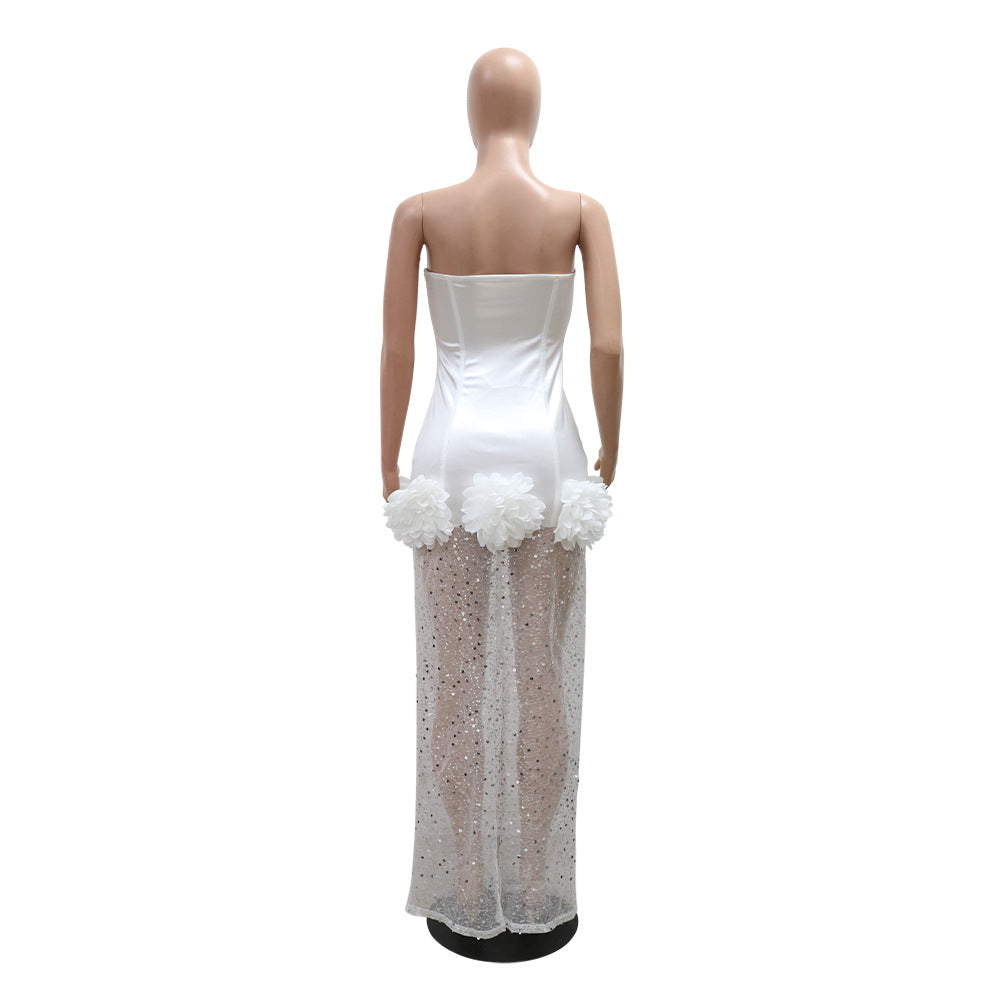 strapless solid color satin Patchwork mesh fashion club dress 8