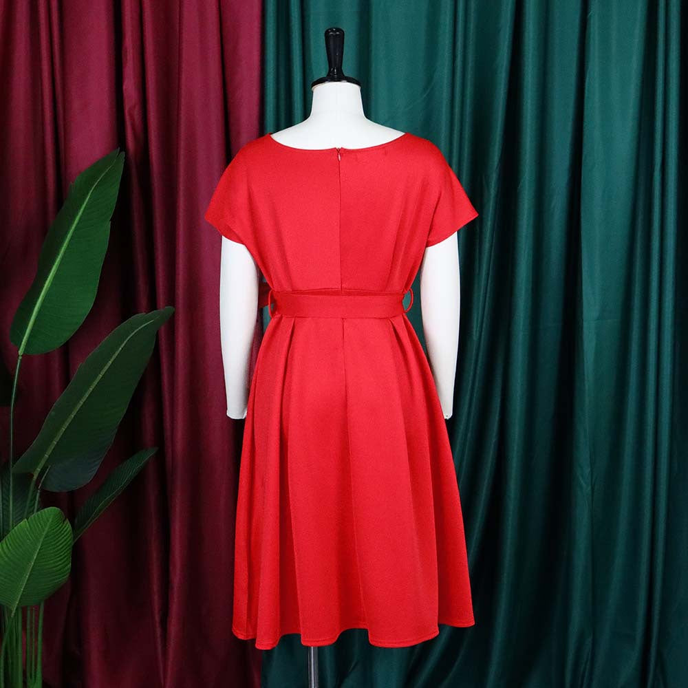 Summer V-Neck Solid Color Slim Waist Bow Lace-Up A-Line Dress 32