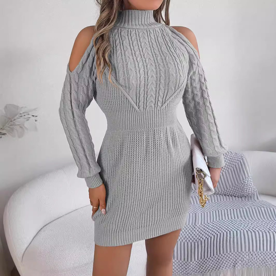 Autumn Winter Casual Cutout-Shoulder High Neck Twisted Long Sleeve Bodycon Sweater Dress Women's Clothing