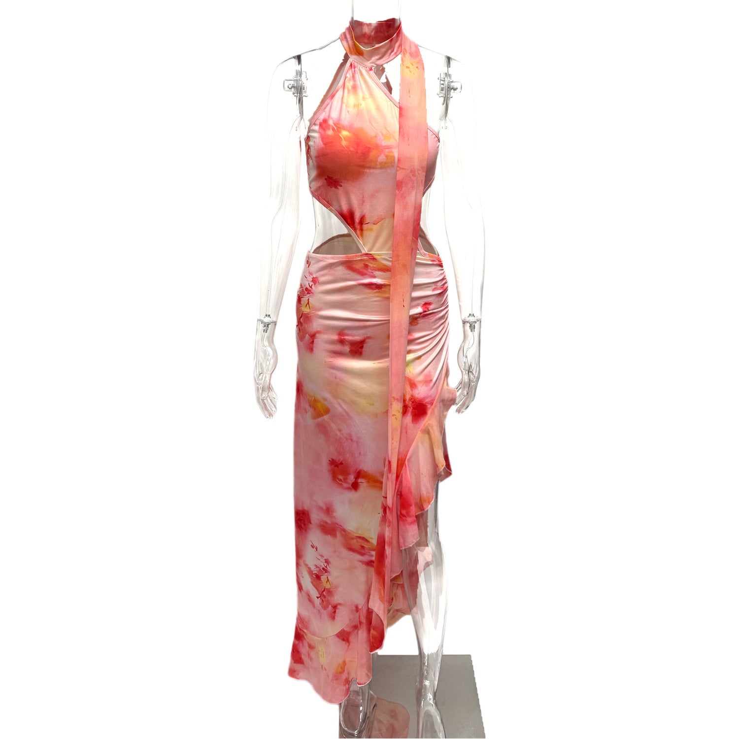 Summer Women's Sexy Print Slit Halter Neck Ribbon Holidays Dress 6