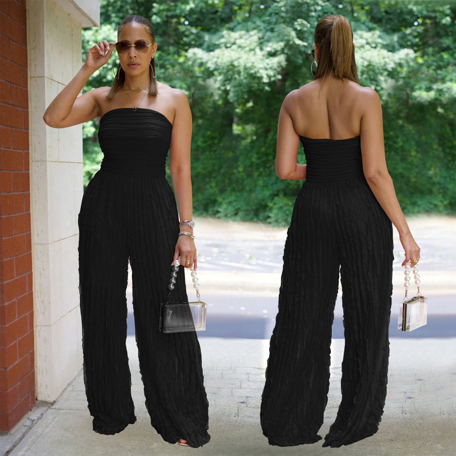 Women solid casual wave pattern jumpsuit