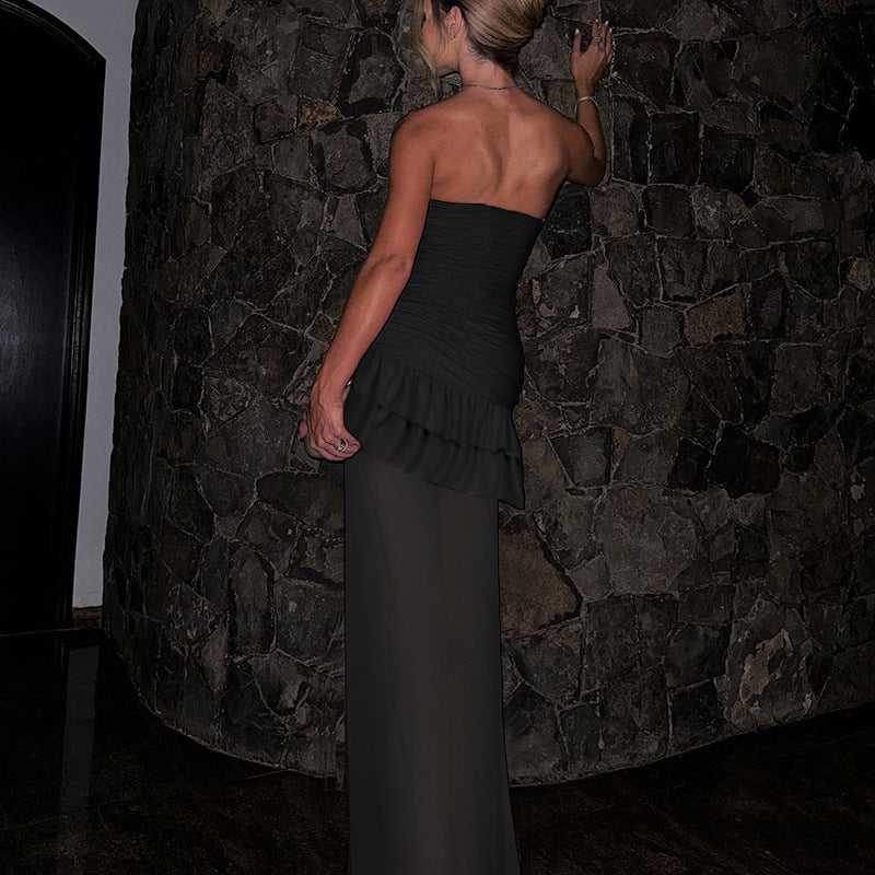 Women Strapless Sexy Swing Neck Ruffle Mesh Slit Dress 3